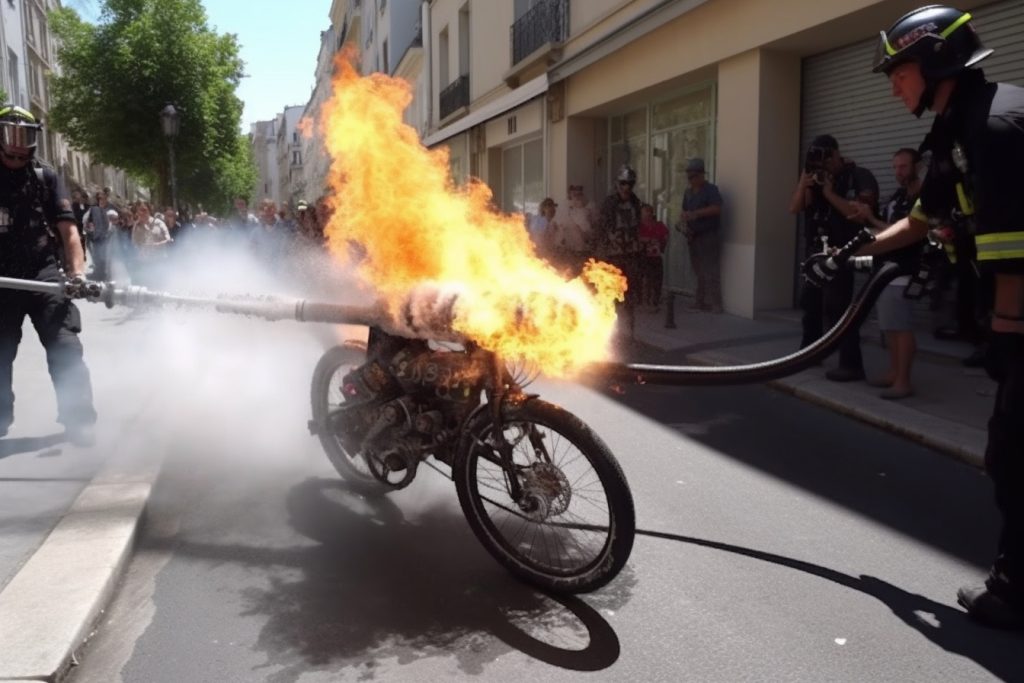 pompiers éteignent un feu, vélo électrique, rue Marseille, réaliste, canon