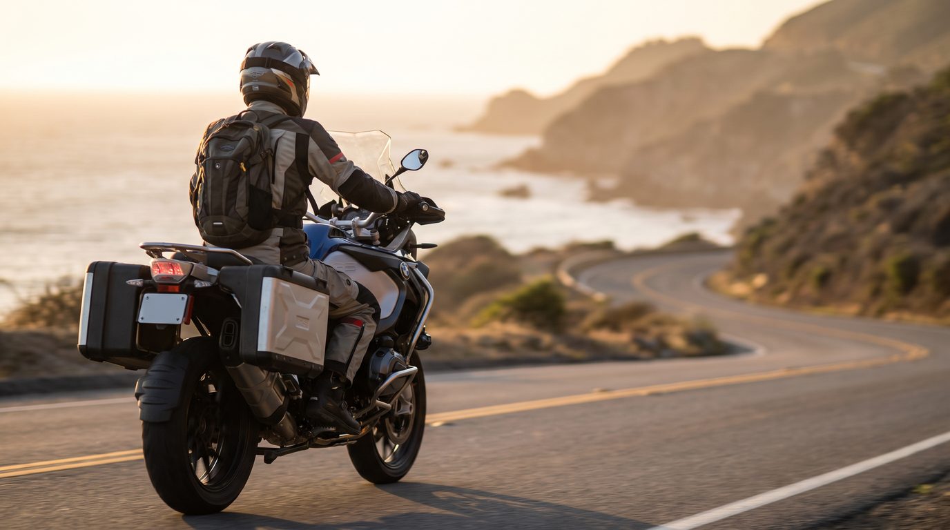 Motard sur une route cotière, protection du conducteur et assurance moto